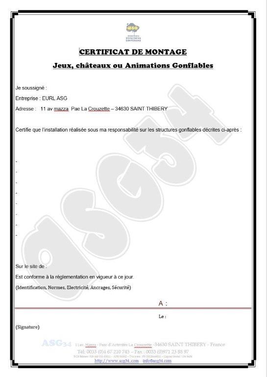 Certificat de montage de jeu gonflable